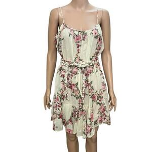 Vici Floral Swing Dress Medium Floral Ruffle Belted Cottage Coquette Boho Cream
